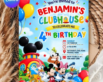 Può includere: Un biglietto d'invito per il compleanno con personaggi dei cartoni animati tra cui Topolino, Minni, Paperino, Paperina e Pluto. Il testo recita Benjamin's Clubhouse per festeggiare il suo 4° compleanno domenica 20 ottobre dalle 15 alle 17.