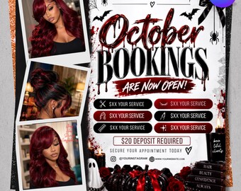 Può includere: Un volantino modificabile a tema Halloween con tre foto di una persona con lunghi capelli rosso scuro. Il testo recita October Bookings Are Now Open, $20 Deposit Required, e include icone per servizi di capelli, ciglia e unghie.