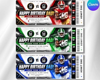 Può includere: Tre modelli di biglietti per football americano nei colori rosso, verde e blu. Ogni biglietto mostra un giocatore, il testo HAPPY BIRTHDAY DAD! FROM YOUR KIDS, la data sabato 10 ott 2026 e un codice a barre con la scritta ADMIT ONE.