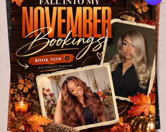 Può includere: Un modello di volantino modificabile con il testo FALL INTO MY NOVEMBER BOOKINGS e BOOK NOW, che include un deposito richiesto di $20. Il design presenta due foto di persone con capelli lunghi e mossi, foglie d'acero, farfalle e una candela.