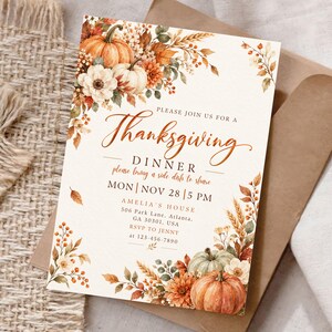 Thanksgiving Dinner Invitation Template, Friendsgiving Invite, Canva Editable Let's Give Thanks Invitation, Fall Rustic Pumpkin Party Card