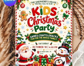 Può includere: Un volantino d'invito rettangolare per una festa di Natale con un omino di pan di zenzero, Babbo Natale, un pupazzo di neve e un pinguino. Il testo recita: The Shepherd's House Invites You To Our Kids Christmas Party, Games, Crafts, Snacks, Fun For The Whole Family, Saturday, October 10, 4:00 PM, 321 New York, TN 37201.