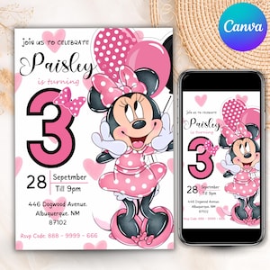 May include: A birthday invitation card and a smartphone displaying the same design, featuring Minnie Mouse in a pink polka dot dress, a large number 3, pink hearts, and text including 'Join us to celebrate Paisley is turning 3' and event details.