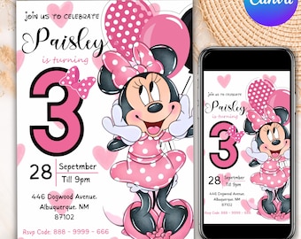 Invitación de cumpleaños editable de Minnie Mouse, invitación de cumpleaños infantil, invitación rosa para fiesta de niña, cumpleaños de Minnie Mouse, tercer cumpleaños, editable en Canva