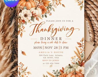 Può includere: Un invito per una cena del Ringraziamento con illustrazioni ad acquerello di zucche arancioni e bianche, foglie autunnali e fiori. Il testo recita: Please join us for a Thanksgiving dinner, please bring a side dish to share, Mon Nov 28 5 PM.