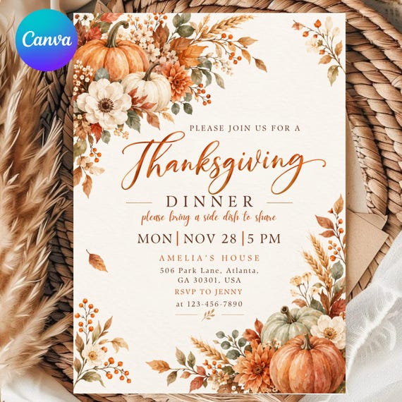 Thanksgiving Dinner Invitation Template, Friendsgiving Invite, Canva Editable Let's Give Thanks Invitation, Fall Rustic Pumpkin Party Card