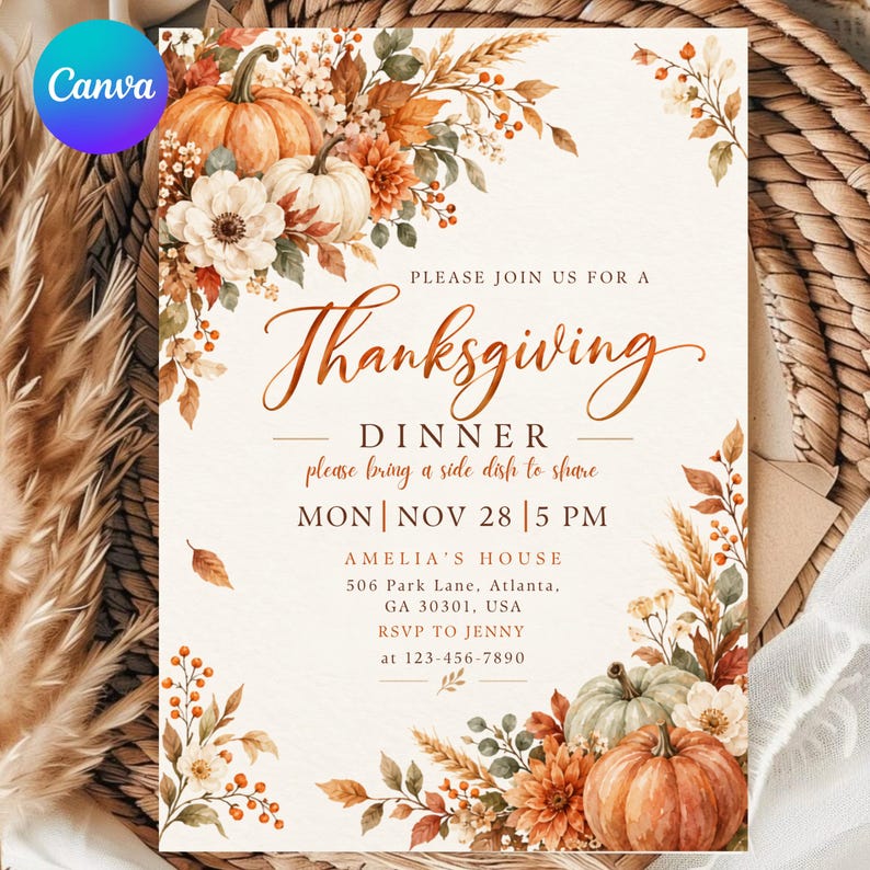 Thanksgiving Dinner Invitation Template, Friendsgiving Invite, Canva Editable Let's Give Thanks Invitation, Fall Rustic Pumpkin Party Card