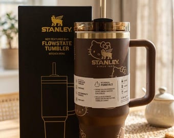 40oz Stanley Tumbler Personalized with Hello Kitty Design | Anniversary Keepsake, Gift for Wife; Coffee brown