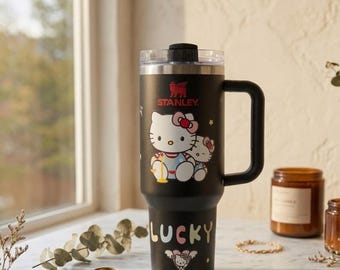 Vaso Stanley de 1,2 litros personalizado con diseño de Hello Kitty / Recuerdo de aniversario, regalo para esposa: Gato grande negro