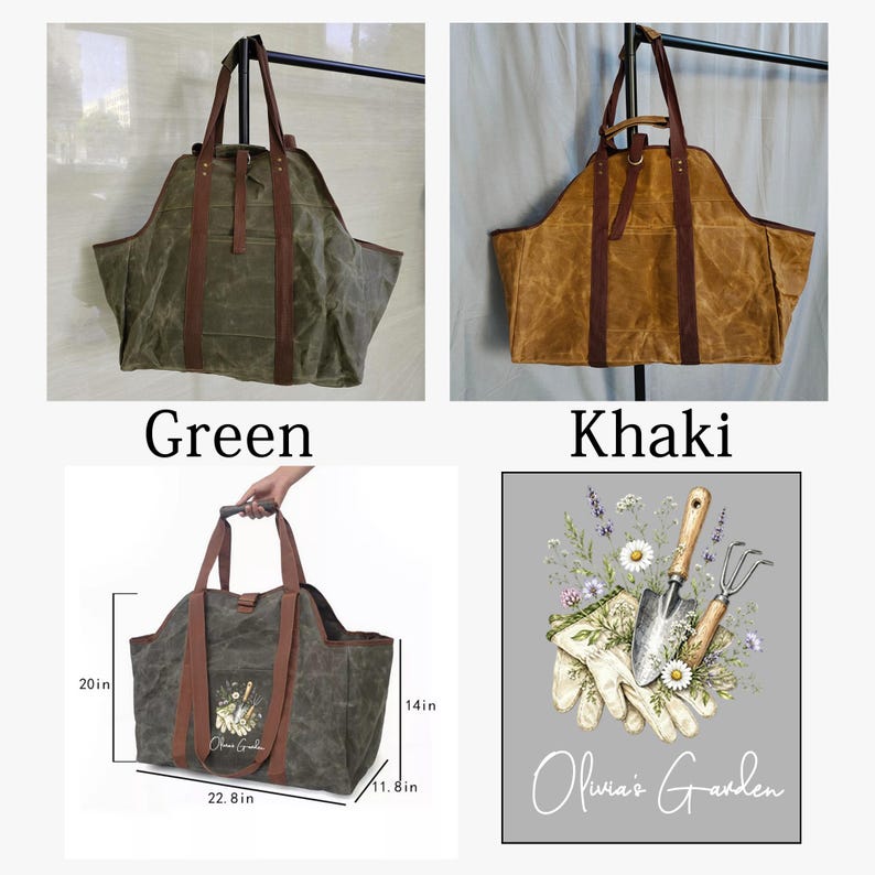 May include: A waxed canvas tote bag available in green or khaki, featuring brown leather-like straps and a garden-themed graphic with the text Olivia's Garden. The bag measures 22.8 inches wide, 14 inches high, and 11.8 inches deep, with a 20-inch height.