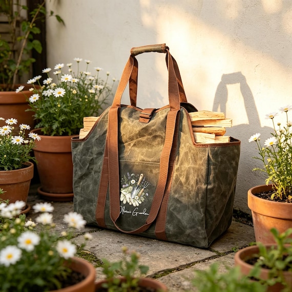 Personalized Waxed Canvas Garden Tote Bag, Large Durable Firewood Carrier, Gardening Tool Bag,Reusable Handbag with Handles & Shoulder Strap