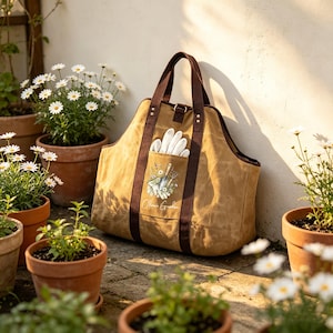 May include: A tan canvas garden tote bag with dark brown handles and a front pocket featuring a graphic of gardening tools and the text Olive's Garden. A pair of white gardening gloves is tucked into the front pocket of the bag.