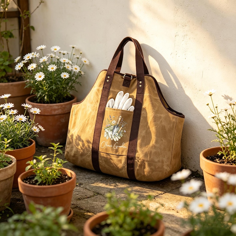 May include: A tan canvas garden tote bag with dark brown handles and a front pocket featuring a graphic of gardening tools and the text Olive's Garden. A pair of white gardening gloves is tucked into the front pocket of the bag.