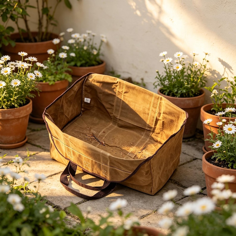 May include: A rectangular, open-top tan canvas utility bag with dark brown trim and two sturdy handles. The bag features a structured base and reinforced stitching, with a small white label visible on the interior side panel of the fabric.
