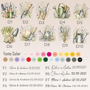 May include: A collection of ten watercolor gardening illustrations labeled D1 through D10, featuring tools like trowels, watering cans, and gloves with floral accents. Below are twenty-five numbered color circles and eight font styles with the text Olivia & Andrew 02.09.2021.