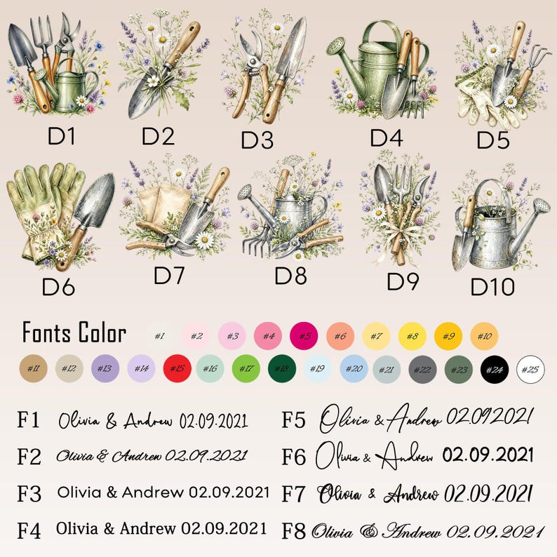 May include: A collection of ten watercolor gardening illustrations labeled D1 through D10, featuring tools like trowels, watering cans, and gloves with floral accents. Below are twenty-five numbered color circles and eight font styles with the text Olivia & Andrew 02.09.2021.