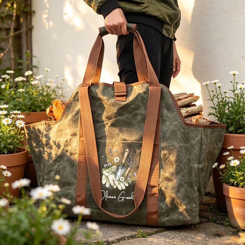 May include: An olive green canvas log carrier bag with brown nylon straps and a padded handle. The front features a printed graphic of gardening gloves, a trowel, and flowers with the text Olivia's Garden. The bag is filled with firewood.