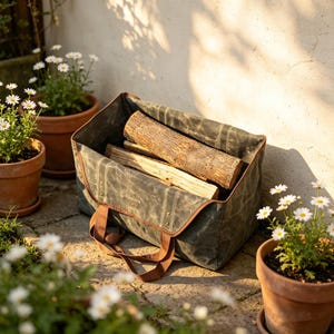 May include: A rectangular dark olive green waxed canvas log carrier with brown fabric handles and reinforced metal rivets. The carrier is filled with several pieces of split firewood and features a structured open-top design with stitched seams.