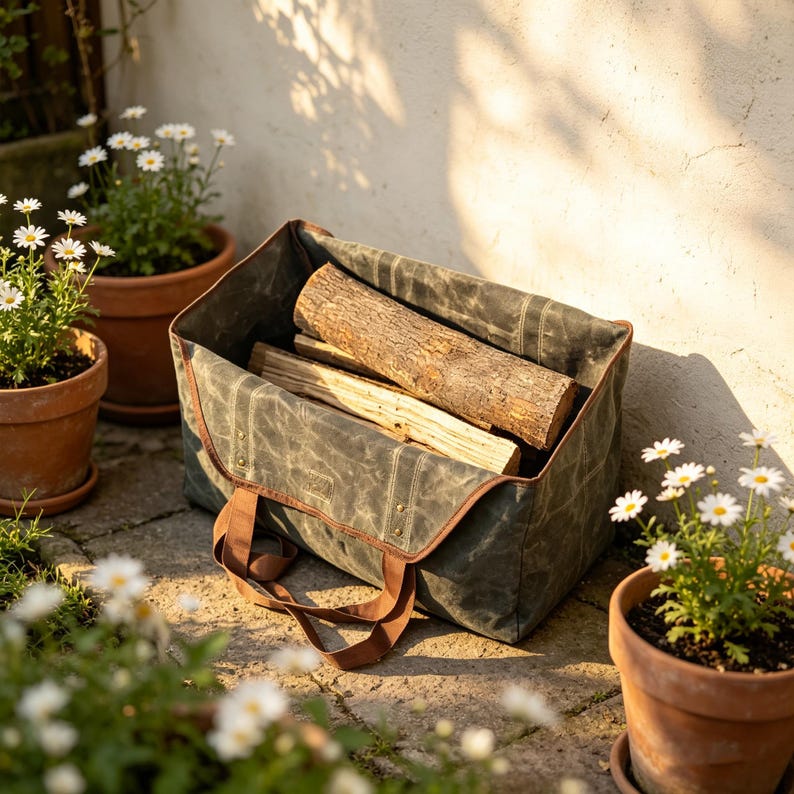 May include: A rectangular dark olive green waxed canvas log carrier with brown fabric handles and reinforced metal rivets. The carrier is filled with several pieces of split firewood and features a structured open-top design with stitched seams.
