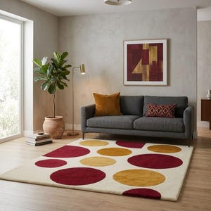 Abstract Circle Area Rug, Modern Dining Room Rug, Cream Red Mustard Accent Rug, Scandinavian Home Decor Carpet 8x11