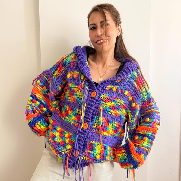 Prism Origin - Colorful Hooded Crochet Cardigan, Fringe Wool Blend Festival Jacket, Vibrant Boho Style Crochet Top, Rainbow Colors