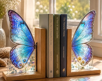 Vlindervleugel glazen boekensteunen paar: handgemaakte boekensteunen in kleur bedrukt glas met houten basis, cadeau boekenliefhebber, plankdecoratie, verjaardagscadeau