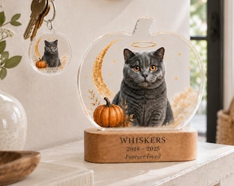 Presente de Halloween para Homenagem ao Seu Animal de Estimação: Placa Fotográfica Personalizada em Acrílico com LED e Chaveiro, Lembrança para Cães e Gatos, Presente de Condolências para Amantes de Animais de Estimação.