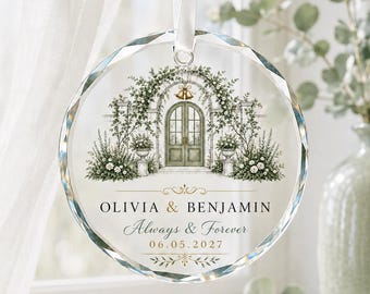 Personalized Wedding Crystal Ornament Custom Couple Names & Special Date Floral Arch Engagement Anniversary Keepsake Gift for Newlyweds