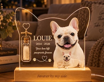 Luminária Noturna Personalizada para Homenagem ao Seu Animal de Estimação, Placa Acrílica Personalizada com 2 Fotos de Cães e Gatos, Frasco para Cinzas de Pelos, Lembrança, Presente de Condolências pela Perda de um Animal de Estimação, Base de LED