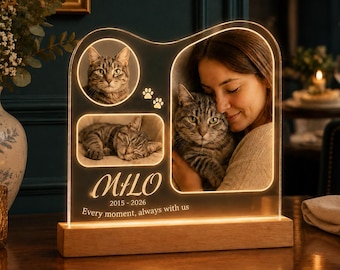 Custom Pet Memorial Plaque with 3 Photos LED Night Light, Personalized Picture Frame RGB Base, Pet Loss Sympathy Keepsake Gift