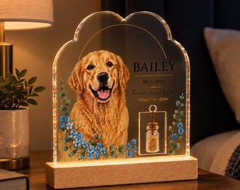 Placa de homenagem personalizada para animais de estimação com retrato em acrílico de cão ou gato, base de madeira com LED e símbolo da Ponte do Arco-Íris.