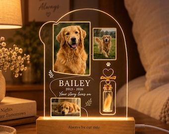 Custom 3 Photo Pet Memorial Plaque with Fur Vial LED Night Light, Personalized Dog Cat Picture Frame, Pet Loss Sympathy Keepsake Gift
