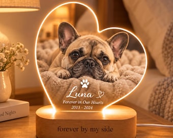 Luminária em forma de coração personalizada para homenagear seu animal de estimação, com luz noturna de LED, placa fotográfica personalizada para cães e gatos, presente de condolências pela perda de um animal de estimação com base de madeira.