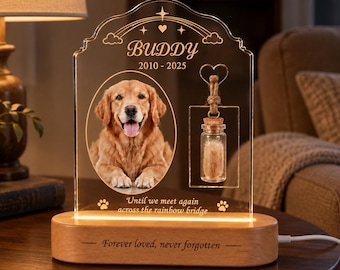 Placa Memorial Ponte do Arco-Íris para Animais de Estimação, Luminária Noturna Personalizada com Foto do Seu Animal de Estimação, Lâmpada de Acrílico Personalizada com Lembrança de Pelo de Cão ou Gato, Presente de Condolências para Enlutados