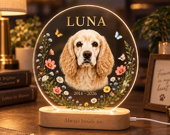 Custom Pet Memorial Plaque with Wildflower Butterfly LED Night Light, Personalized Dog Cat Photo, Color Light Base, Pet Loss Gift
