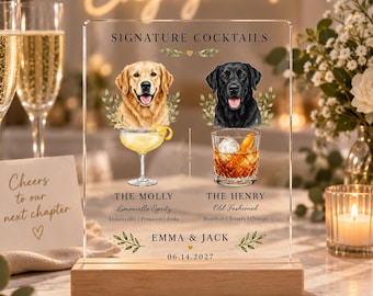 Placa personalizada para coquetéis com tema de animais de estimação, cardápio de bebidas personalizado em acrílico para casamento, placa para bar com a assinatura de cães e gatos, decoração para recepção de casamento.
