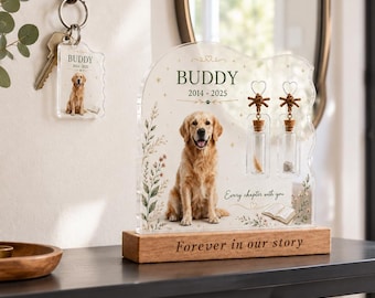 Presente Memorial para Animais de Estimação, Conjunto de Abajur em Acrílico em Formato de Livro e Chaveiro, Urna para Cinzas de Pelos, Lembrança Personalizada com Foto de Cão/Gato, Presente de Condolências pela Perda de um Animal de Estimação