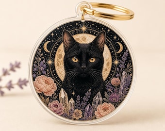 Chaveiro de Tarô Gato Preto, Pingente Redondo Personalizado em Acrílico, Presente Personalizado para Mãe de Gato Bruxa, Pingente de Bolsa Lua e Estrela