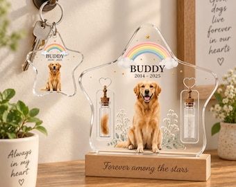 Presente Memorial para Animais de Estimação, Placa Fotográfica Personalizada em Acrílico em Formato de Estrela com LED e Chaveiro, Frascos para Guardar Cinzas de Pelos, Presente de Condolências pela Perda de Cães e Gatos