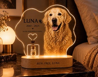 Presente Memorial para Animais de Estimação, Luminária Noturna de LED Personalizada com Foto em Acrílico e Base de Madeira, Lembrança para Cães e Gatos, Presente de Condolências para Amantes de Animais de Estimação.
