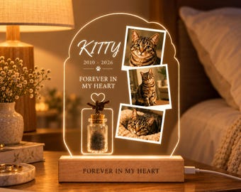 Luminária Noturna LED Personalizada para Homenagem ao Seu Animal de Estimação, Placa Acrílica com 3 Fotos e Frasco para Pelos, Lembrança em Memória de Cães e Gatos.