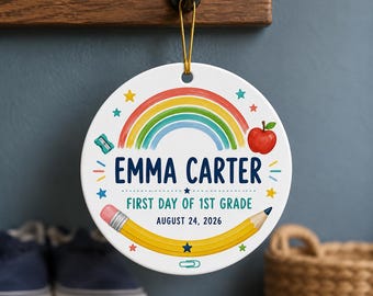 Enfeite personalizado para o primeiro dia de aula, lembrança de cerâmica com nome, série e data em formato de arco-íris, presente de volta às aulas para crianças.