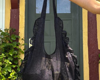Black ruffled lace tote bag, gothic evening shoulder bag