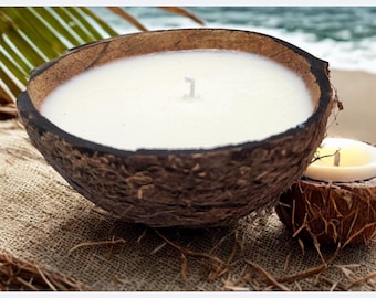 Soy Wax Candle in Real Coconut Shell – Coconut & Vanilla Scent – Eco-Friendly Tropical Candle – Handmade Beach Décor Gift