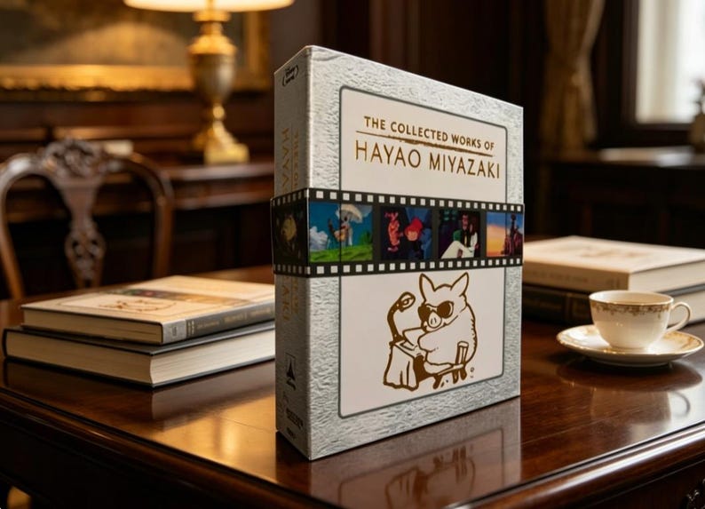 May include: A white and silver box set titled The Collected Works of Hayao Miyazaki. The front features a film strip graphic with colorful scenes and a line drawing of a pig wearing sunglasses at a desk. The textured cover has a metallic finish.