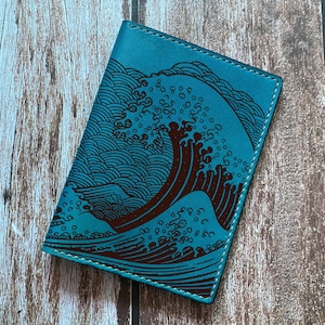 Haku Japan wave pattern leather wallet, custom engrave hokudai passport cover
