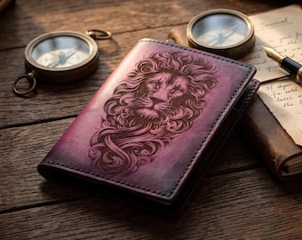 Cartera de cuero para pasaporte con grabado de cabeza de león, estuche de viaje personalizado, organizador de viaje para la familia