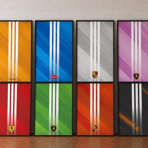 May include: Eight rectangular framed wall art prints arranged in two rows. Each print features a solid color background with three vertical white stripes and a small automotive brand logo centered near the bottom, including McLaren, Bugatti, Porsche, and Ferrari.
