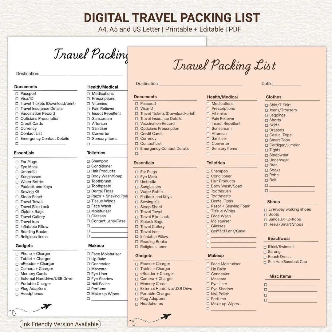 Travel Packing List Printable | Vacation Checklist | Travel Planner PDF ...