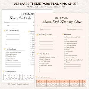 Può includere: Un foglio di pianificazione stampabile per parchi a tema intitolato Ultimate Theme Park Planning Sheet. Include sezioni per destinazione, data, budget per souvenir e spese, oltre a elenchi per attrazioni, obiettivi e un conto alla rovescia.